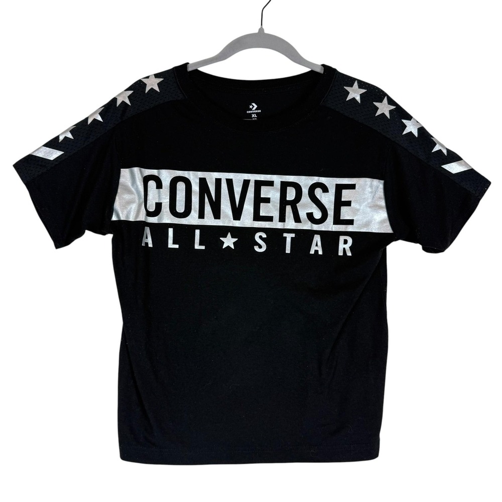 Converse Shirt Kids XL Black Metallic All Star Logo Sleeve Stars Tee Top